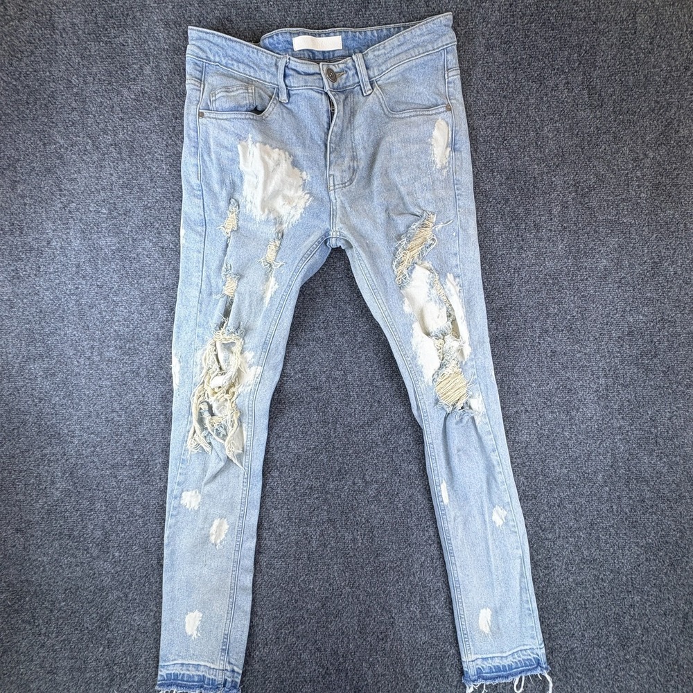 Kdnk 11 4 14 Jeans Mens 31x30 Blue Denim Cotton Stretch Distressed Skinny Leg